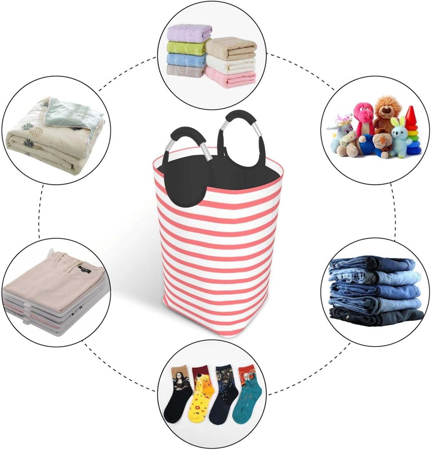 Large Laundry Basket, Coral Red and White Stripes Laundry Hamper Bag Collapsible Washing Bin With Handles for College Dorm, Family Essentials Storage
