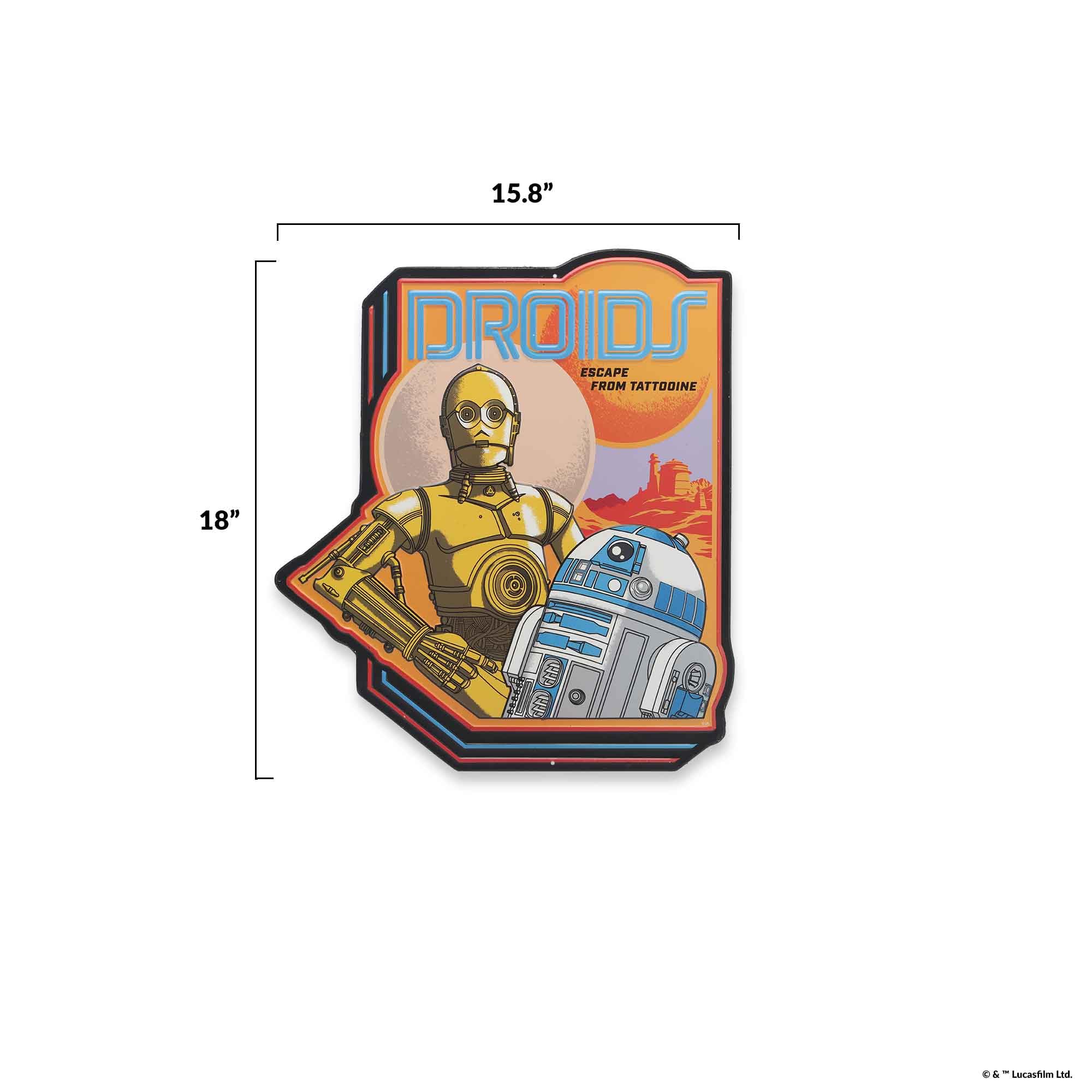 Cartel metálico en relieve Disney Star Wars de los droides escapando de Tatooine, retro, con R2-D2 y C-3PO para la pared del hogar.
