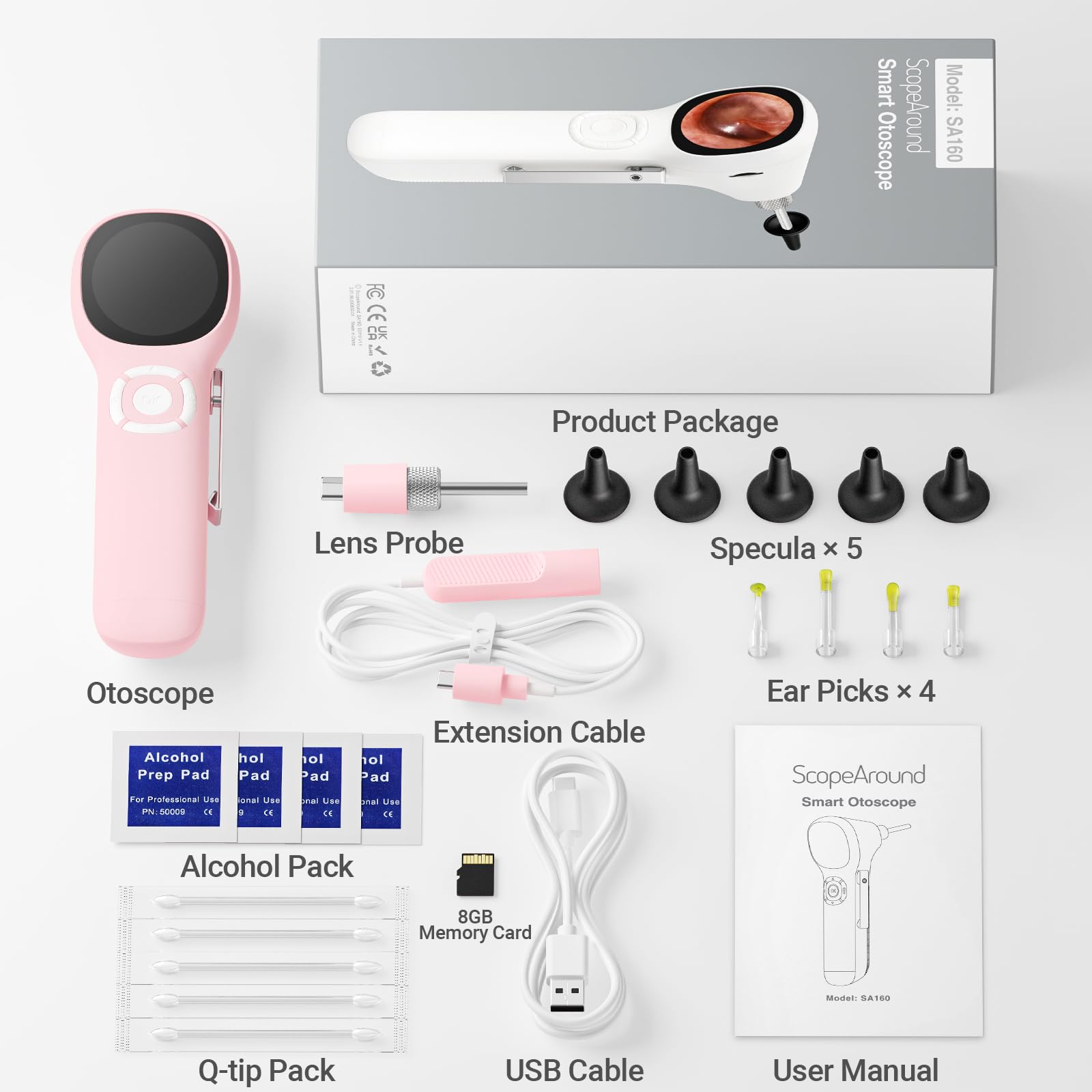 ScopeAround Otoscope numérique avec écran IPS, 720p HD Smart Video Otoscope avec lumière, caméra de retrait du cérumen
