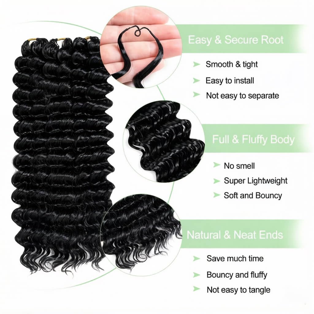 Human Crochet Hair for Black Women Deep Wave Crochet Human Hair Bundles 20 Inch 120g Pre-Separated Feather Crochet Human Hair Natural Black