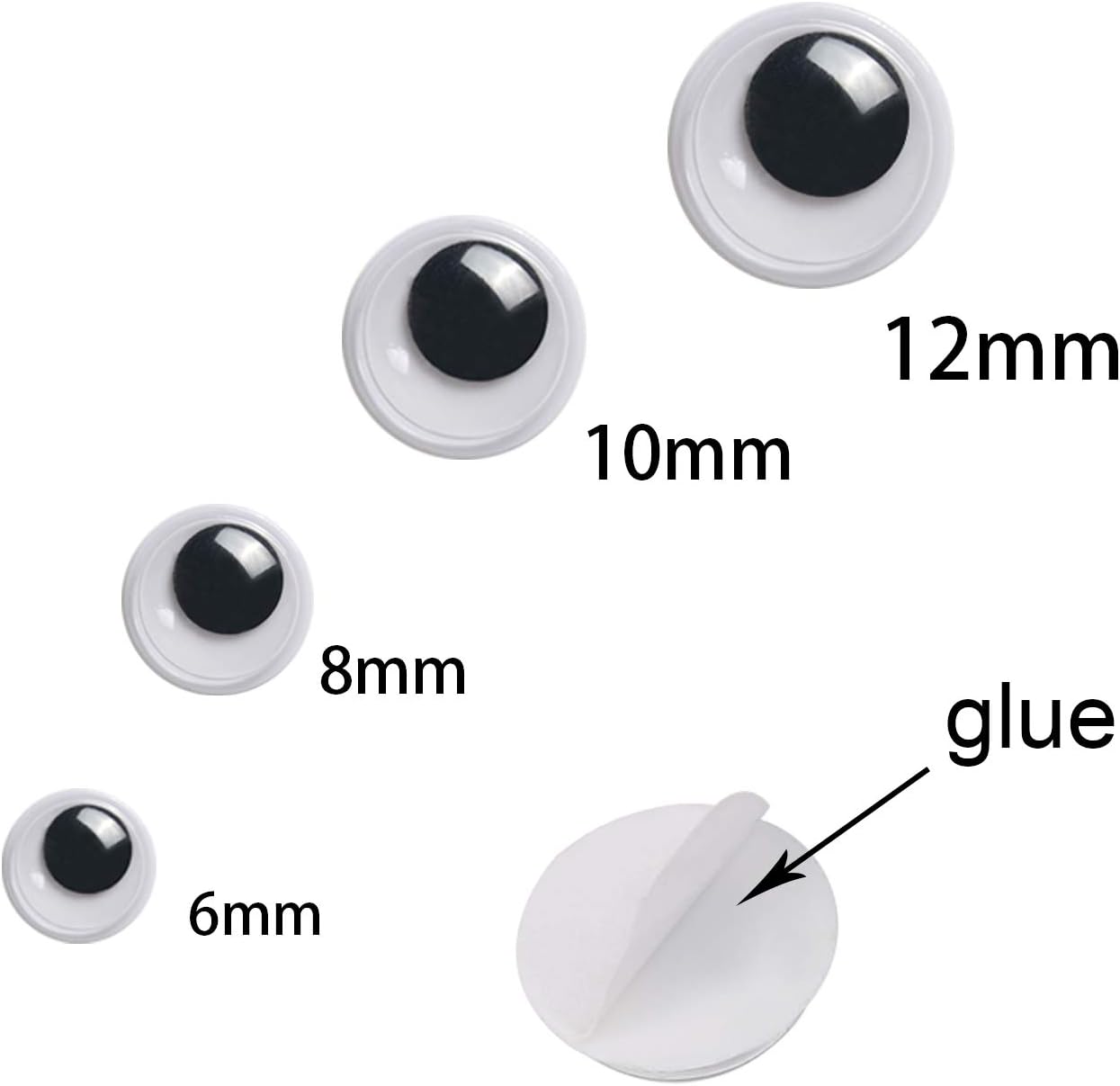 UPINS 1500 Pcs Black Wiggle Googly Eyes Stickers with Self-Adhesive, 6mm 8mm 10 mm 12mm Mixed Packaging