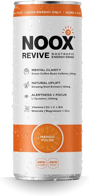NOOX Revive Nootropic Drink – Orange & Mango – Sugar Free Energy Drink with Natural Caffeine, Ginseng & L-Tyrosine – Healthy Focus Drink – 250ml x 12 Cans