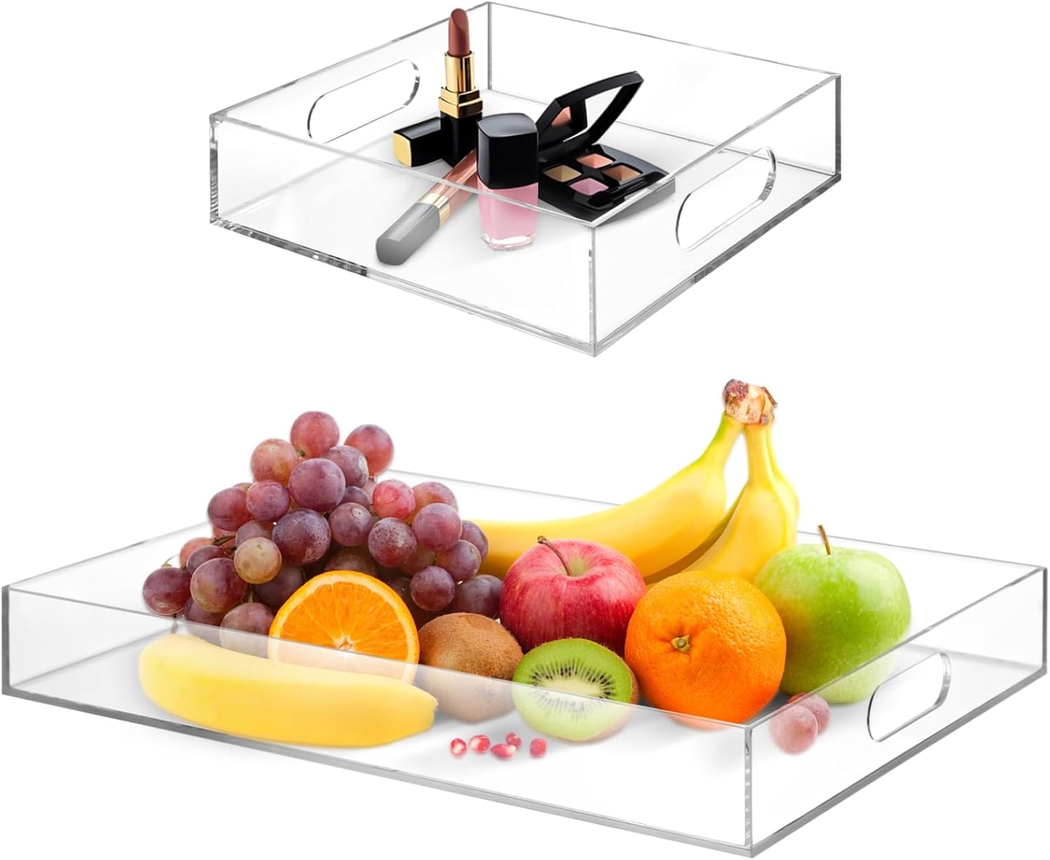 2-Pack Acrylic Trays, Clear Serving Trays with Handles 15.4x11.4" & 7.9x7.9", Decorative Vanity Trays for Bathroom, Countertop, Food Display, Smooth Edge Drawer Organizers - Image 3