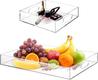 2 Stück Acryl-Serviertabletts, rechteckig mit Griffen, Deko-Tabletts für die Ablage, stabile Food Trays mit glatten Kanten, Schubladen-Organizer, 7,9×7,9×2 Zoll und 15,4×11,4×2 Zoll