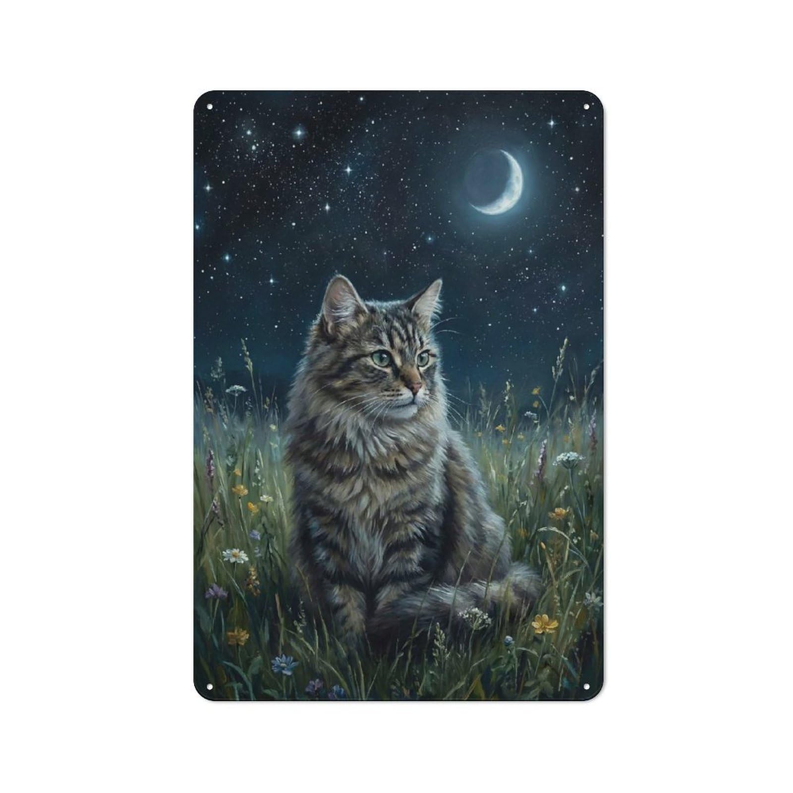 Junmoney Style-16 For Lounge Or Reading Corner, Cat In Field Under Moonlit Sky Vintage Metal Sign 30X20cm, For Collectors Decorating Lounges And Reading Corners