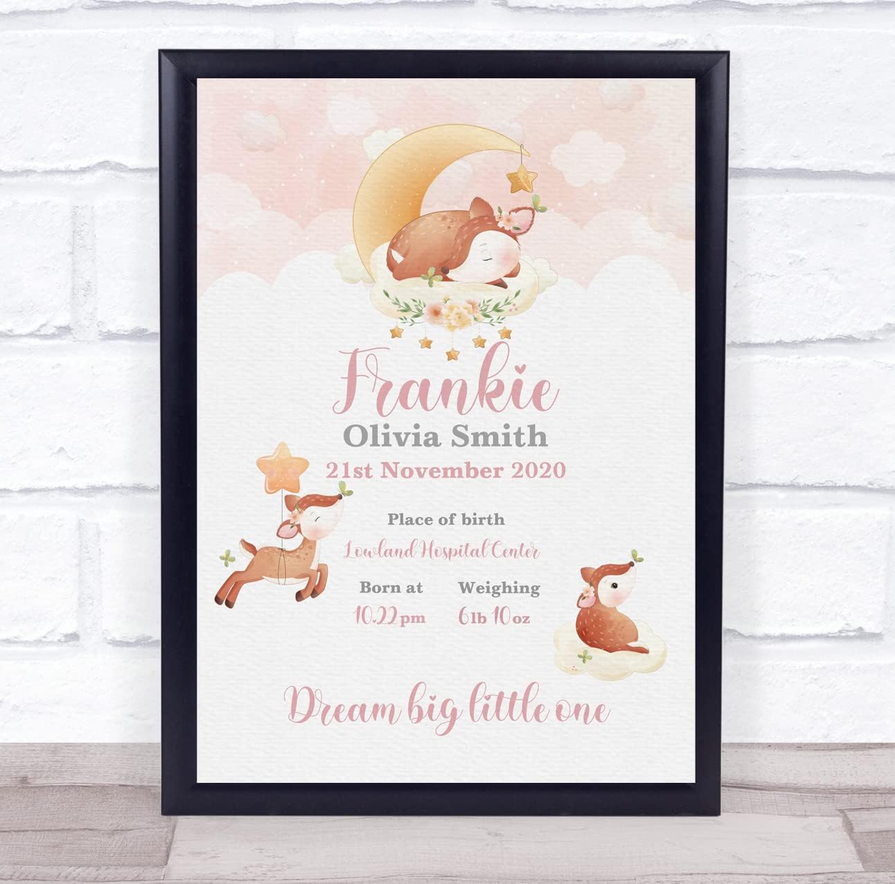 New Baby Birth Details Christening Nursery Watercolour Deer Keepsake Gift Print