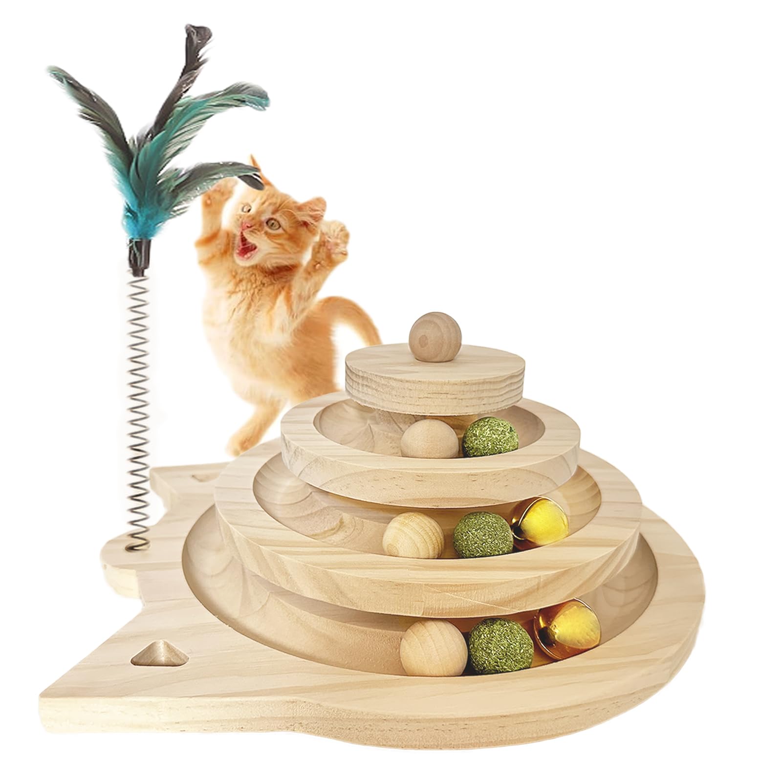 Juguetes Interactivos para Gatos Juguetes de Madera para Gatito Torre de 3 Pisos con Pista y 3 Tipos de Pelota con Diferentes Funciones, Palo de Gato Divertido, Base Antideslizante