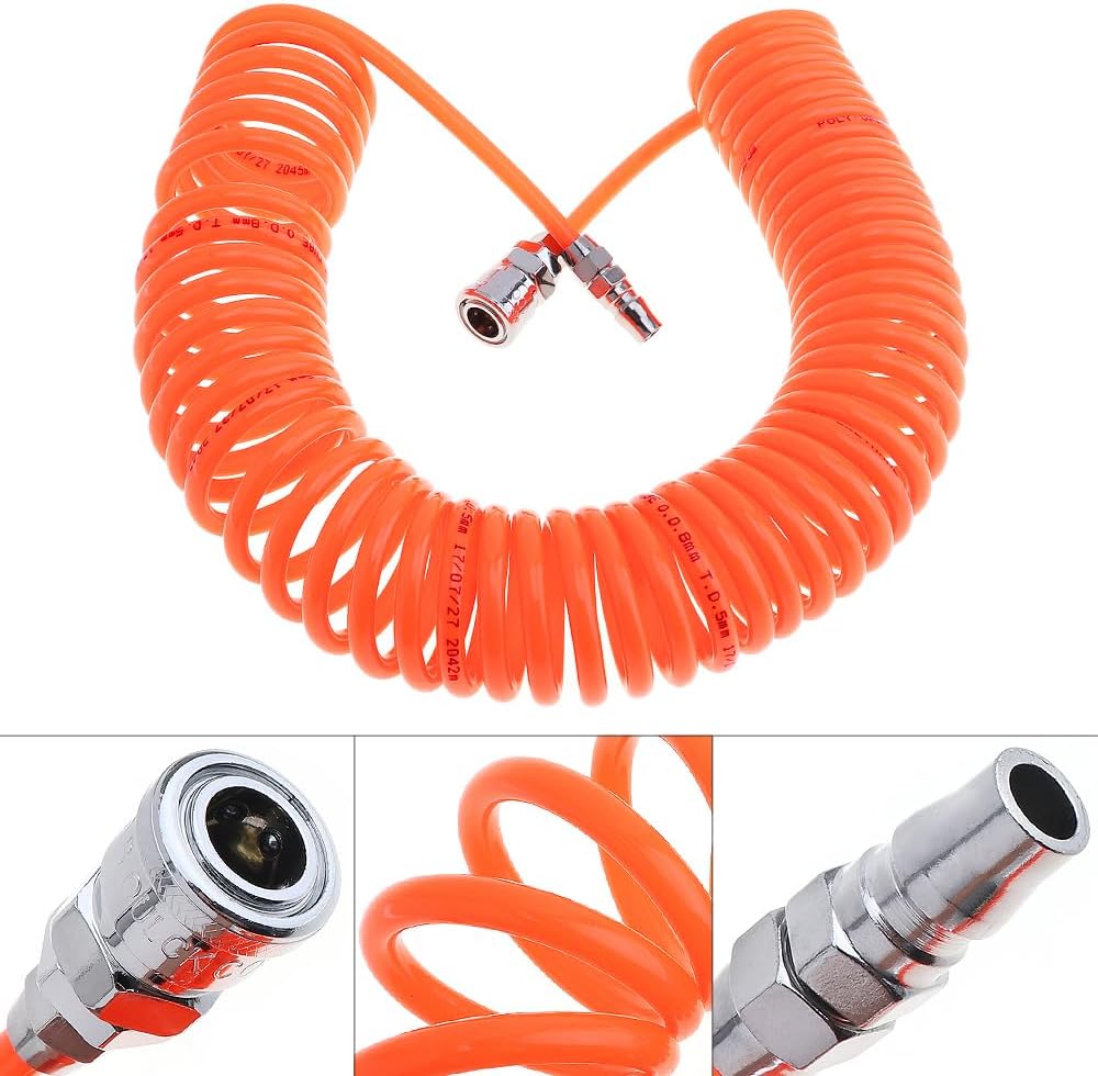 ChgImposs Polyurethane Recoil Air Hose, 30 Ft Long Air Compressor Hose with Bend Restrictor, 1/4" Industrial Universal Quick Coupler and Plug Orange