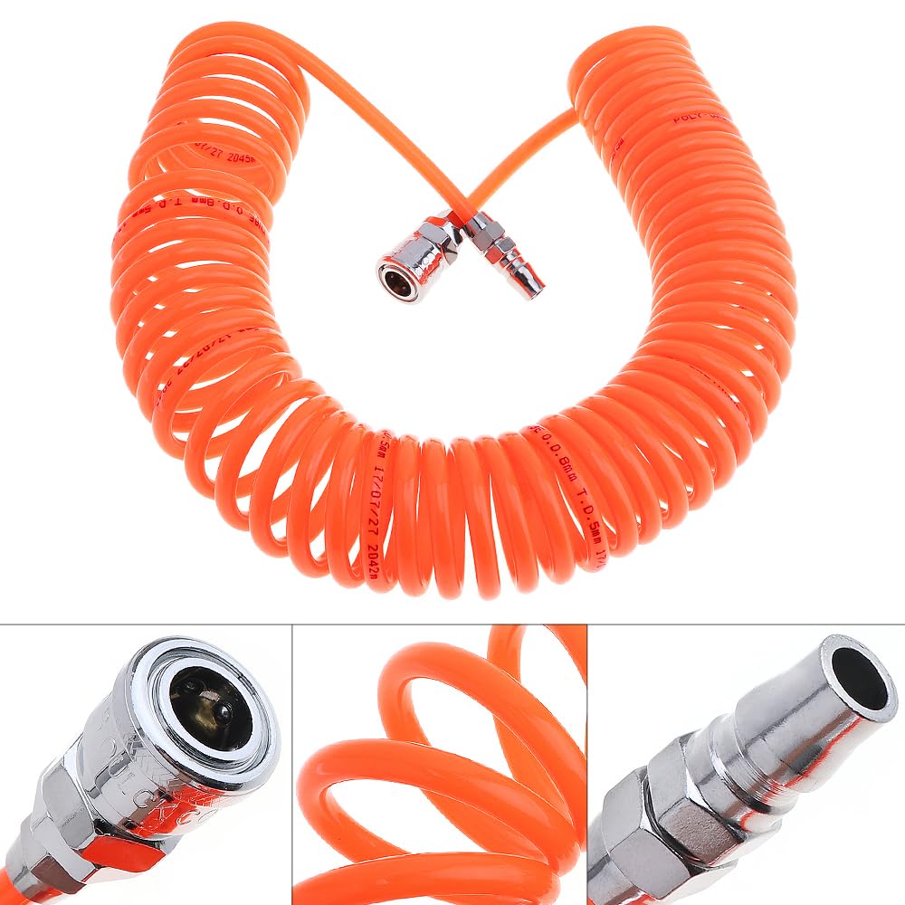 ChgImposs Polyurethane Recoil Air Hose, 30 Ft Long Air Compressor Hose with Bend Restrictor, 1/4" Industrial Universal Quick Coupler and Plug Orange