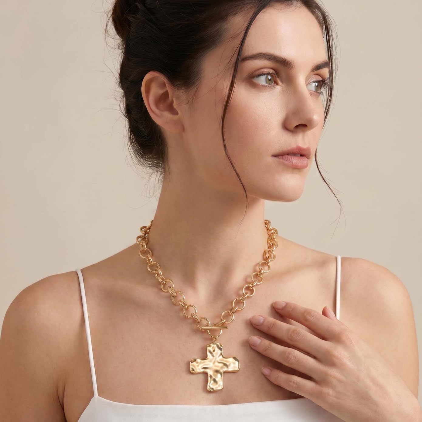 Chunky Cross Necklace for Women, Big Hammered Large Cross Pendant Necklace, Stainless Steel Non Tarnish Jewelry, Trendy Maximalist Gift for Daily Wear/Party – Vintage Statement Piece for Her