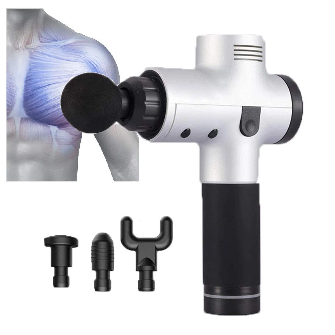 Muscle Massage Gun Vibrazione Massaggio Sportivo Alleviare Il Dolore Relax Perdita di Peso Corporeo Fitness Fitness per Massaggi con Quattro Teste di Massaggio,Silver