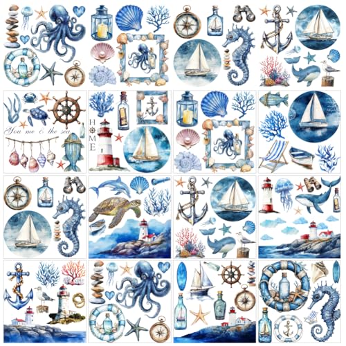GOMAKERER 12 Sheets 12 Style Rub on Transfers, 5.5x5.5 Inch Nautical Elements Rub on Transfer Blue Printed Transfer Stickers for Window Furniture Craft Scrapbook Decals