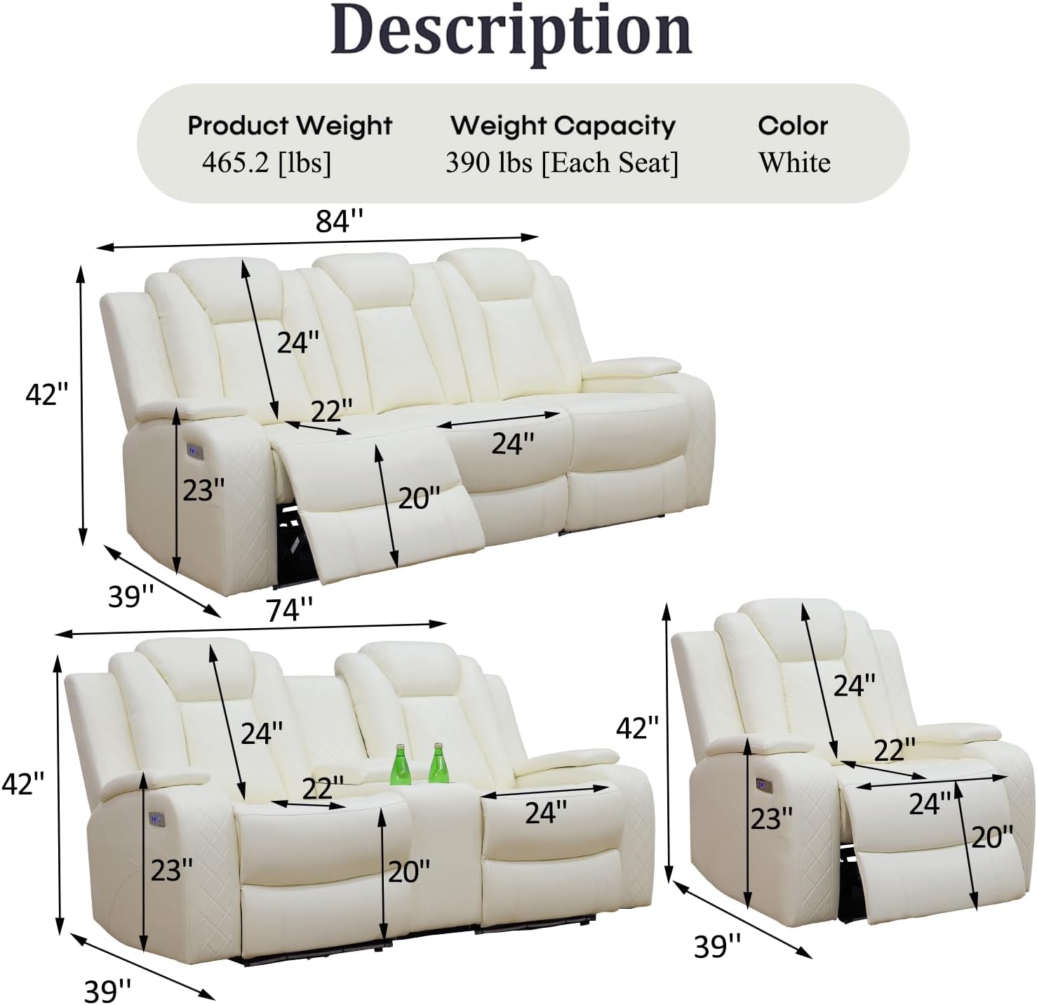 Power Recliner Sofa Set with LED Lights,Leather Reclining Sofa with USB Port/Storage Console/Cup Holder,Living Room Furniture Set for House/Home Theater(3 Piece Set,Creamy)