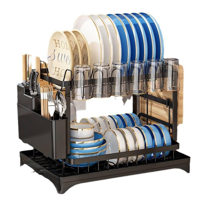 Image of ZENOVIA 2 Tier Stainless Steel Dish Drying Rack for Kitchen Counter | Drain Tray, Plate Stand, Cup Holder, Cutlery Holder