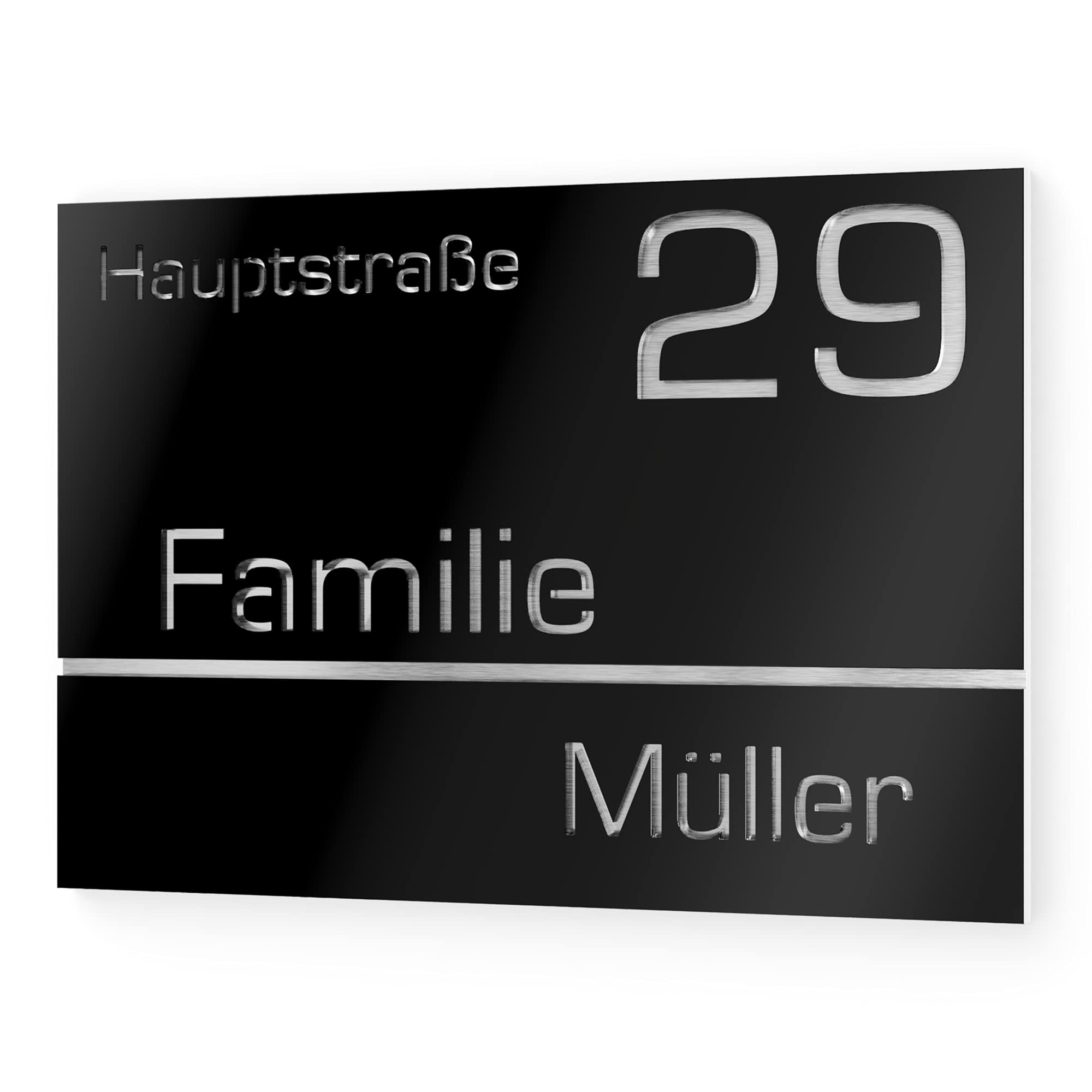 Numero civico personalizzabile in vetro acrilico + acciaio inox V2A 250 x 175 mm Nero, Resistente alle intemperie, Antiruggine, Targa per porta d’ingresso, Made in Germany