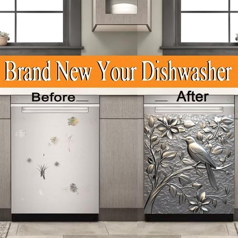 Stainless Steel Carved Bird Flowers Wallpaper Dishwasher Door Cover Magnetic Sticker Kitchen Fridge Front Decal Refrigerator Magnet Decal Panels 23W x 26H inchs image 4