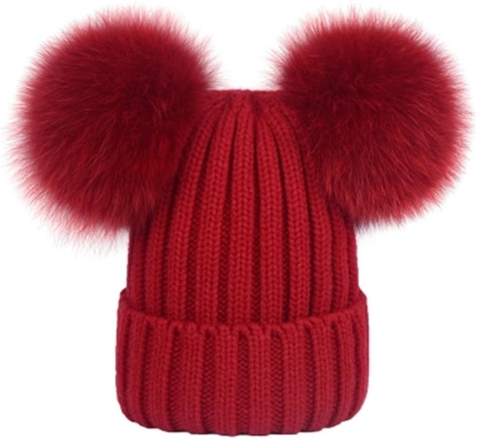 Women Winter Fur Pom Pom Knit Hats Beanie with Double Real Fox Fur Pom Warm Ski Snowboard Cap