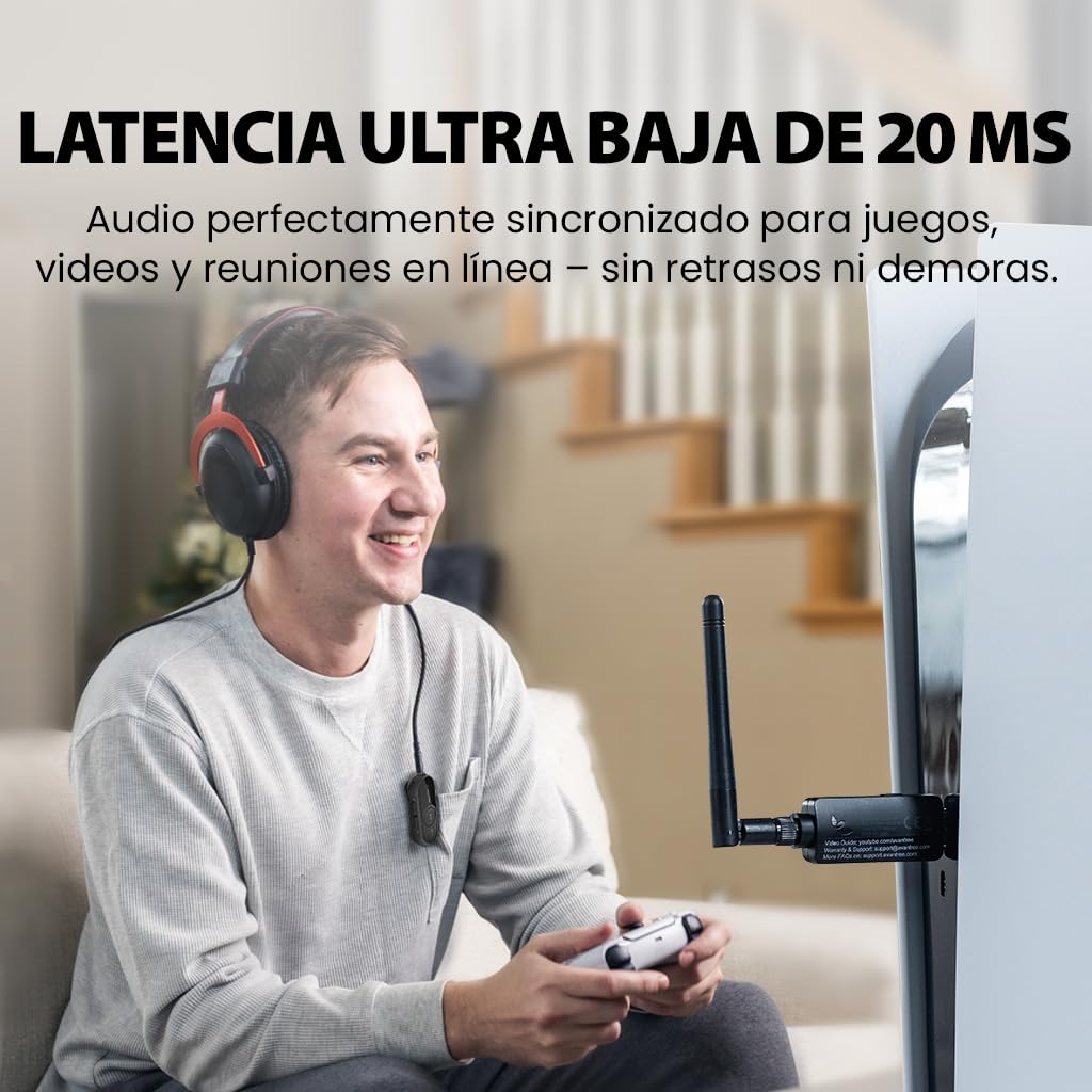 Avantree ProLink - Transmisor y Receptor de Audio Bluetooth 5.4 LE, aptX Lite, 20 ms de Latencia Ultra Baja y Sonido HiFi Inalámbrico para Juegos, Llamadas, Música, Plug & Play para PC, PS5, Mac