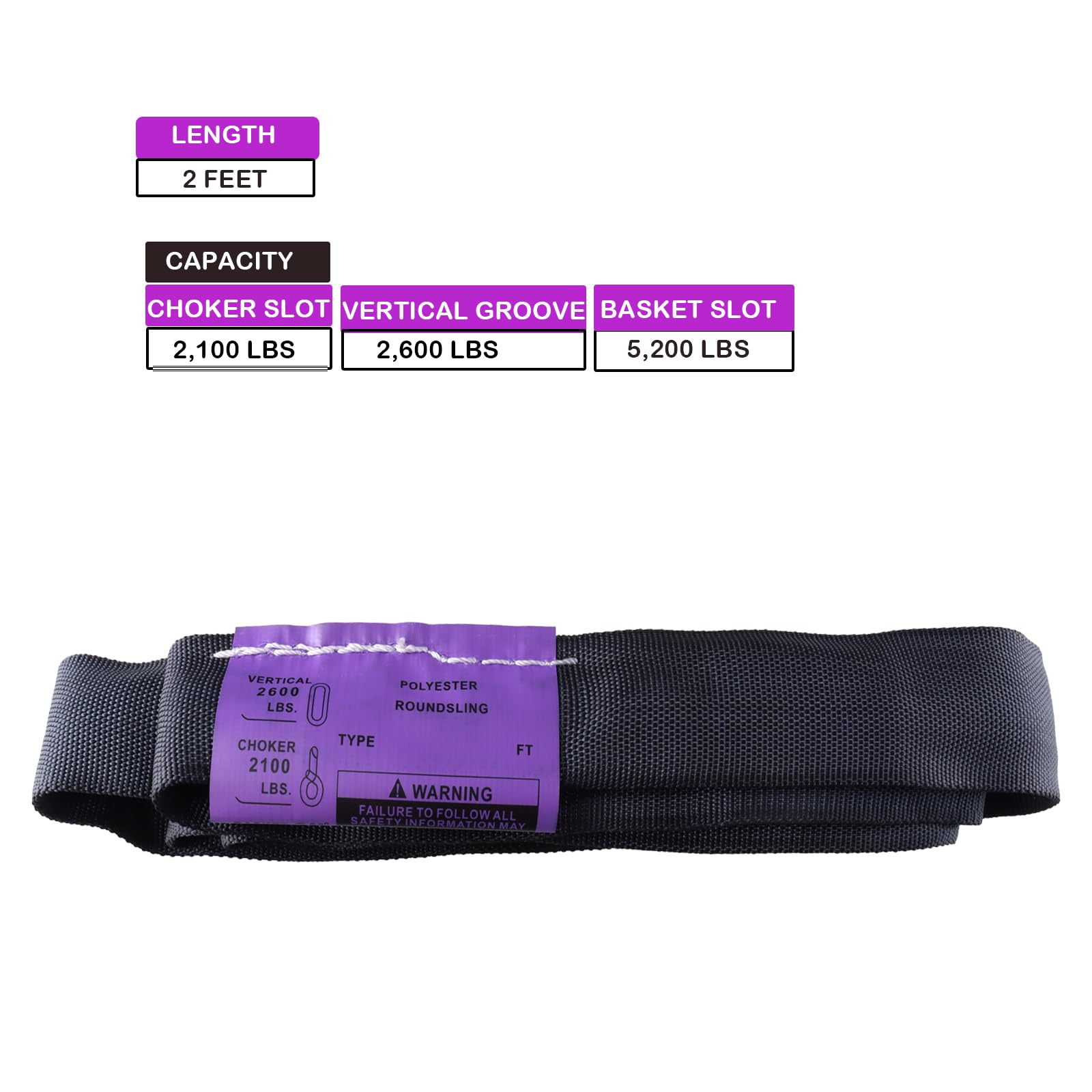Black 2ft Lifting Strap Round Sling -Polyester Spanset Heavy Duty Lifting Straps 2,600 lb. Vertical Capacity, Aerial Circus or Strage Light Use Various Sizes (Puple -Vertical Capacity 2,600 lbs, 2FT)