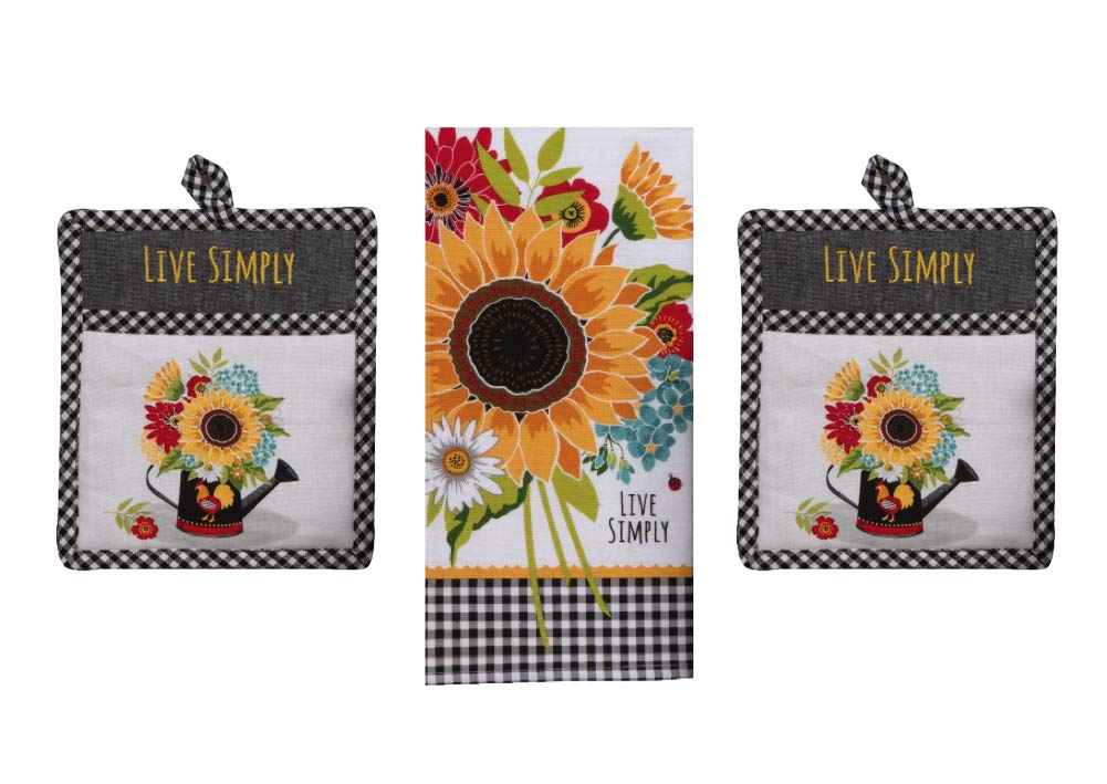 Farmhouse Country Kitchen Linen Set - 3 Piece Bundle Includes 2 Potholder Oven Mitts and 1 Dual Purpose Terry Towel