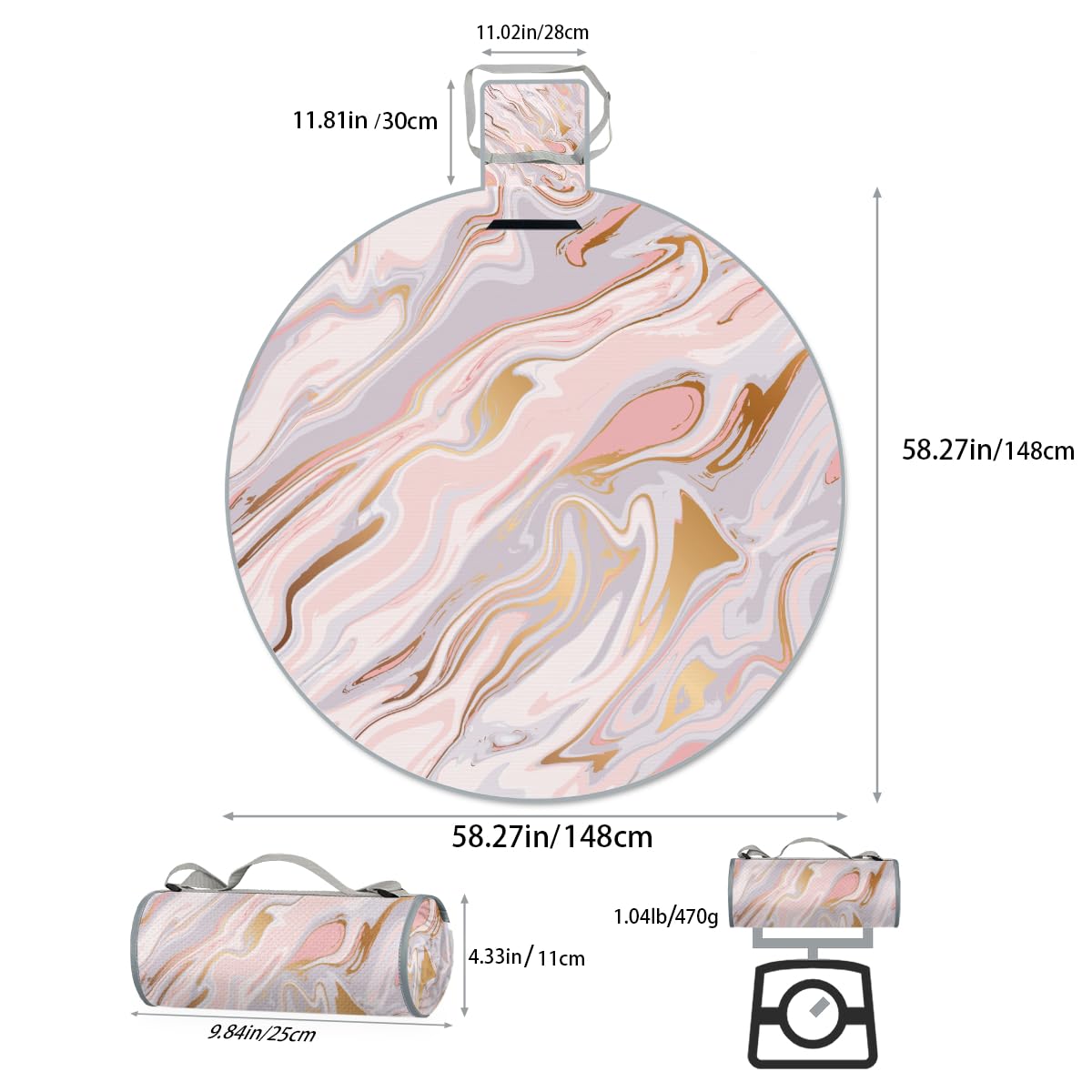 Shimoshe Liquid Marble Texture Picnic Outdoor Blanket Foldable Waterproof Sandproof Beach Blanket Portable Water-Resistant Round Picnic Mat for Travel Camping Park Lawn