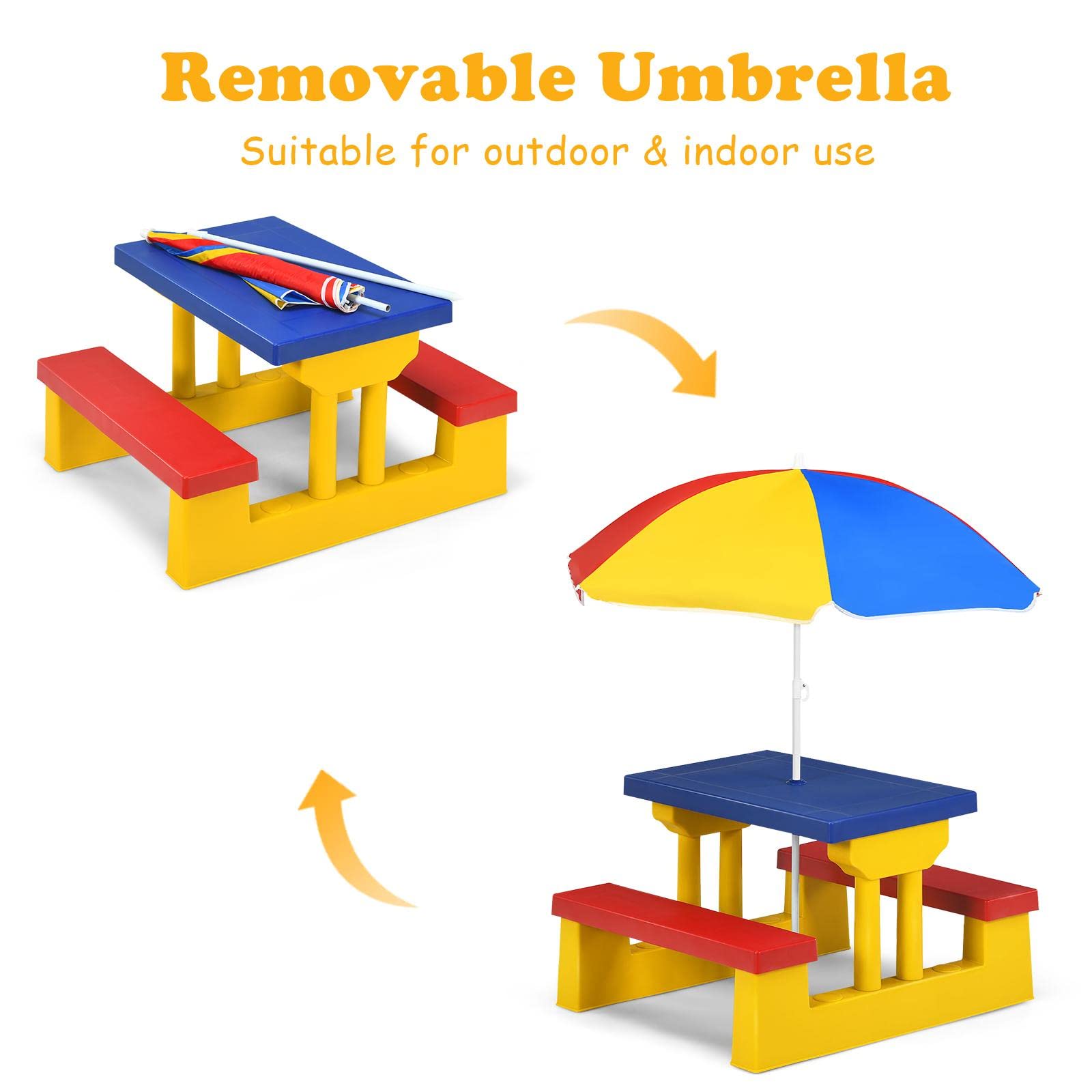 KOMFOTTEU Set di sedie per bambini con ombrellone, mobili per bambini con 1 tavolo e 2 panche, set per bambini in polipropilene, set da picnic per parco, giardino, campeggio, blu, rosso, giallo