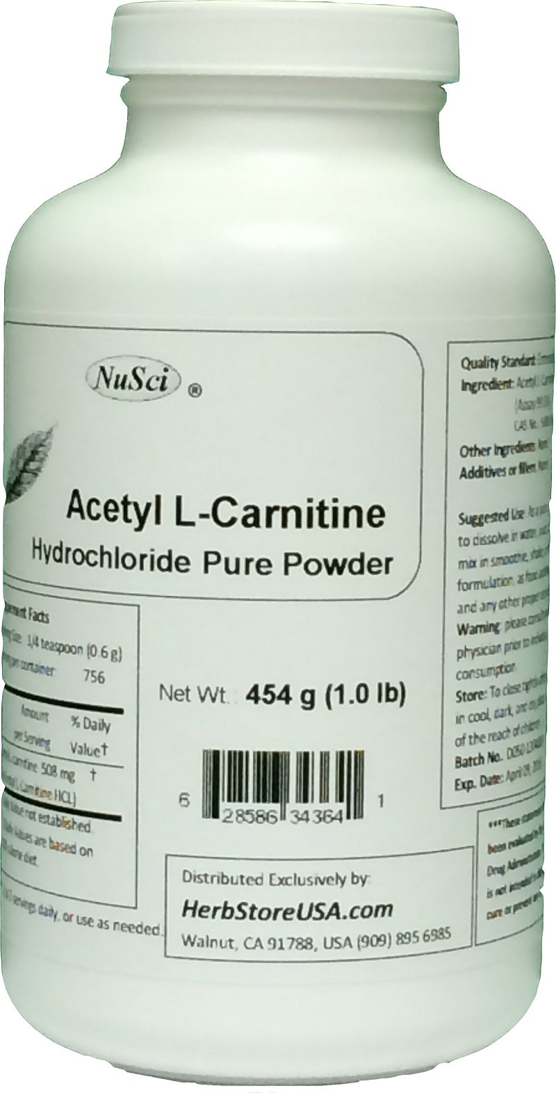 l carnitine hci Amazon.com: NuSci ALC Acetyl L-Carnitine HCl 454g (1.0 LB) Pure Powder :  Health & Household