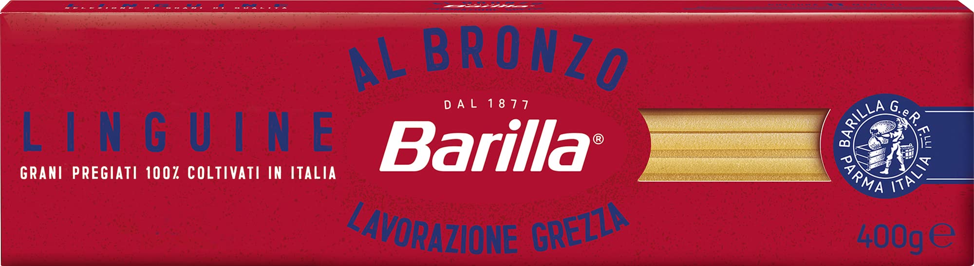 Barilla Pasta Al Bronzo Linguine 100% Grano Italiano, Pasta Trafilata Al Bronzo con Lavorazione Grezza, Ruvidità Intensa, Formato Spesso e Corposo, Alta Tenuta di Sugo e Cottura, 400 g