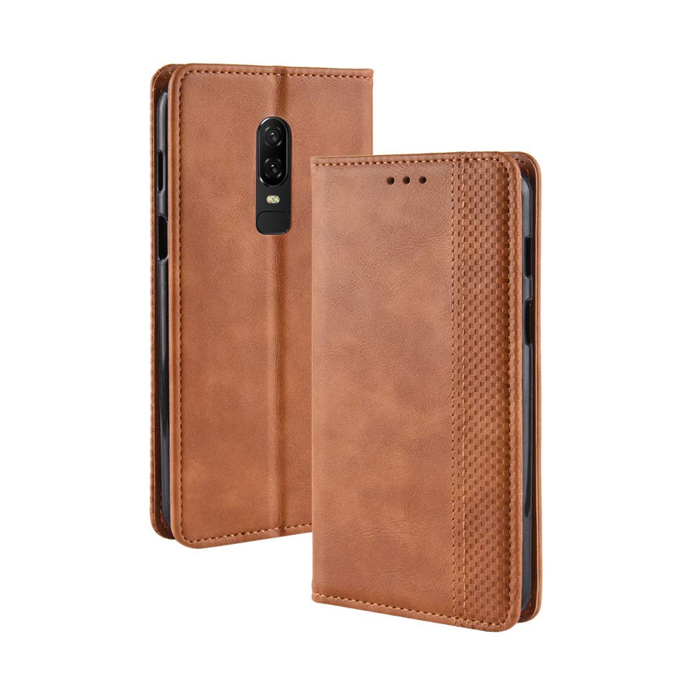 Abtory Case for OnePlus 6, Leather Wallet Case Book Style PU Folio Flip Cover Stand Feature Magnetic Clasp Closure Cash Pocket Card Holder for OnePlus 6 Brown
