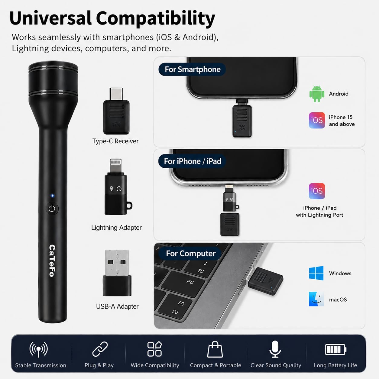 Micrófono de mano inalámbrico con alcance de 200 m, batería de 60 horas, reducción de ruido con un solo clic y compatibilidad universal para smartphones, PC, iOS/Android, incluye parabrisas y