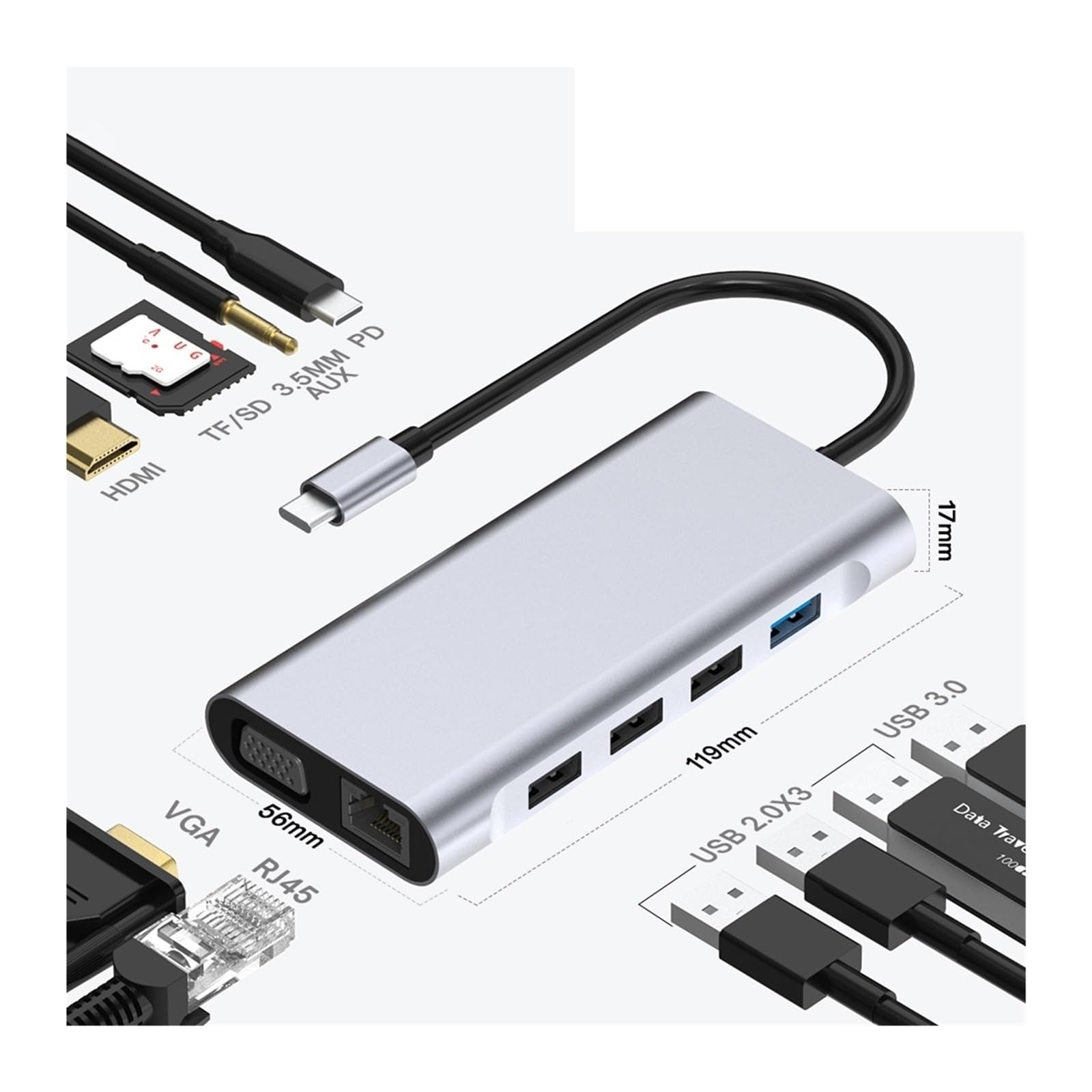 11 w 1 USB 3.0 C HUB typu C Adapter do 4K HDMI-kompatybilny VGA(11 in 1 hub)