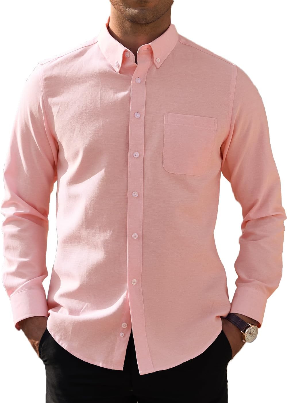 Men's Classic Oxford Shirt Solid Long Sleeve Button Down Casual Woven Shirts with Pocket
