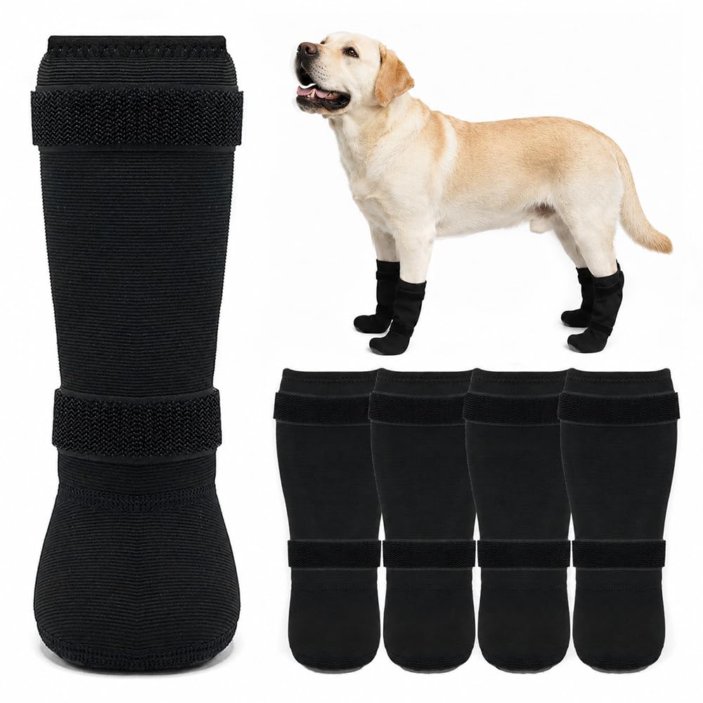 COODEO Dog Leg Sleeves to Prevent Licking, Waterproof Dog Paw Protectors for Medium & Large Dogs, Anti-Slip Recovery Socks for Front & Rear Legs, Adjustable Straps, 2 Pack（Black,XL）