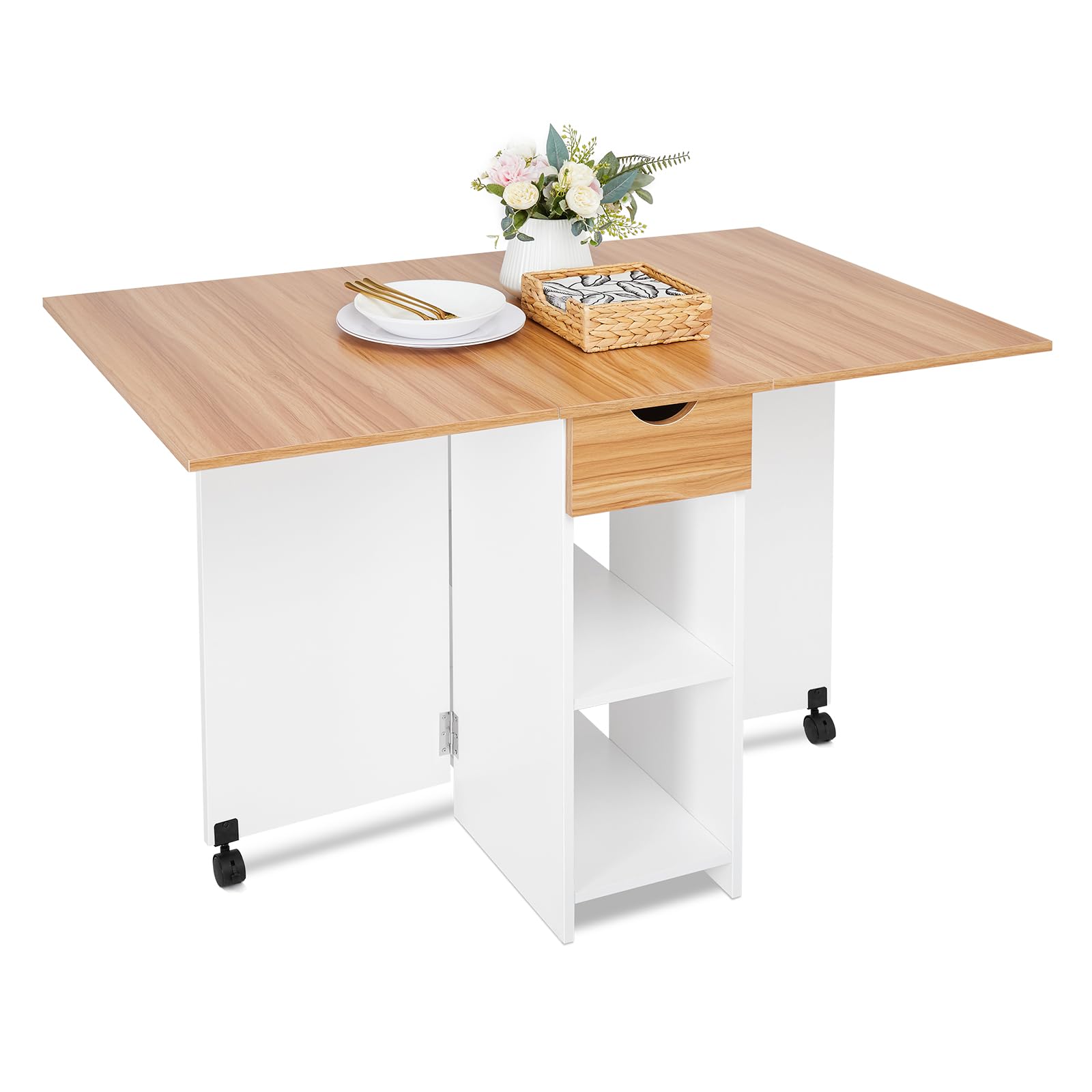 Mondeer Drop Leaf Table for 4-6, Folding Dining Table with Storage Drawer and 2-Tier Shelves, Rolling Casters, for Dining Room Kitchen Small Space, White & Red Oak