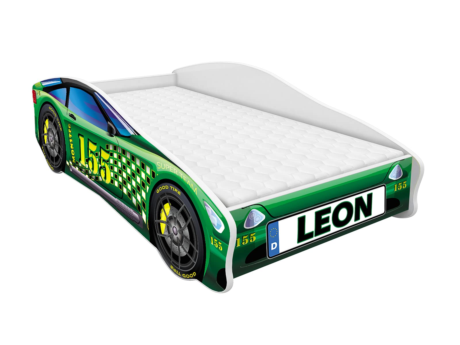 ACMA Autobett 160x80 cm mit Matratze und Lattenrost - Kinderbett Auto personalisiert mit Name, Modell 5, stabiles Jugendbett für Kinderzimmer, belastbar bis 120 kg