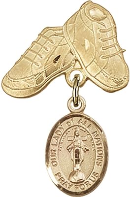 14kt Yellow Gold Baby Badge with Our Lady of All Nations Charm and Baby Boots Pin 1 X 5/8 inches