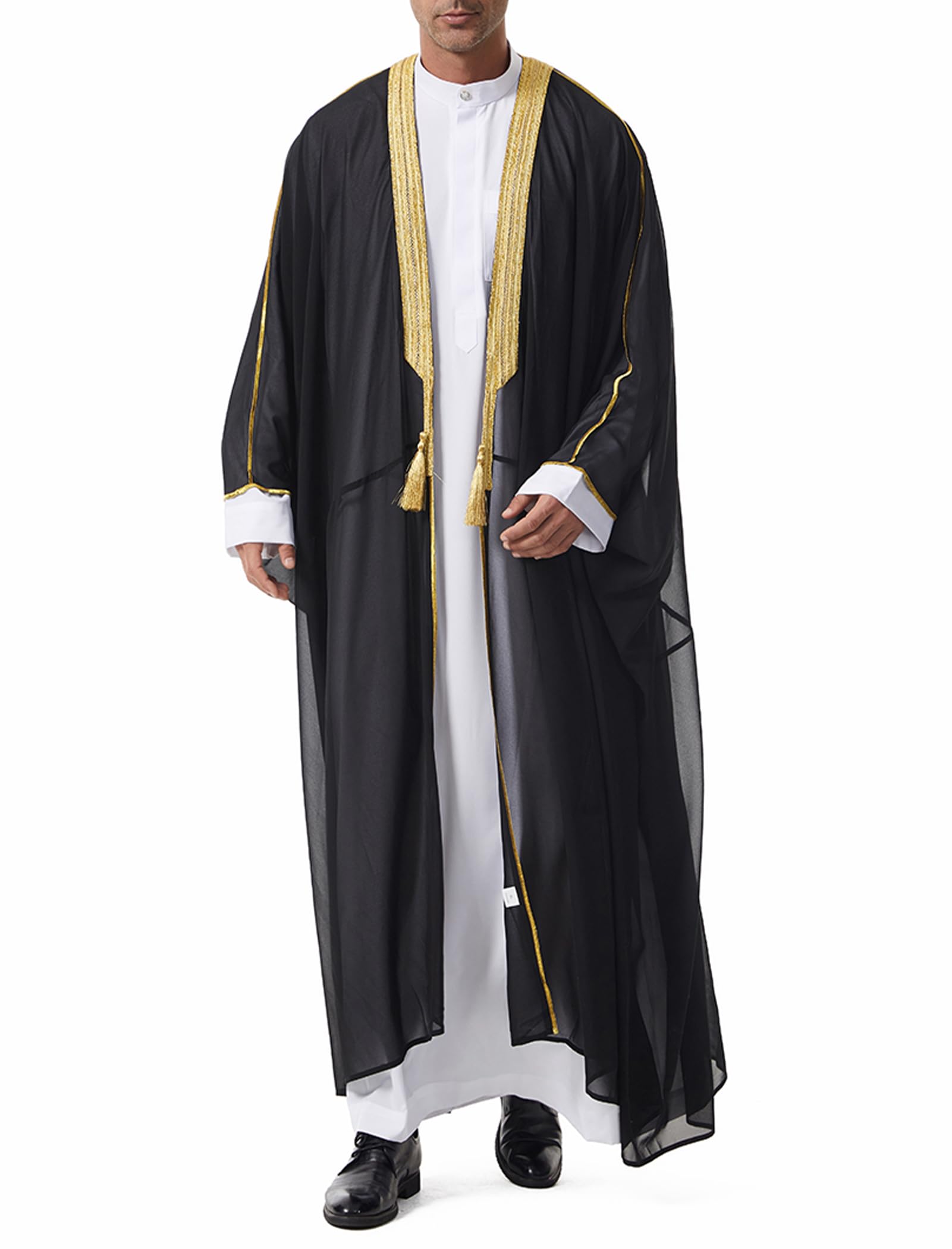 OBEEII Men Muslim Thobe Open Front Chiffon Ramadan Abaya Cardigan Dubai Saudi Embroidery Eid Islamic Clothes Prayer Kaftan