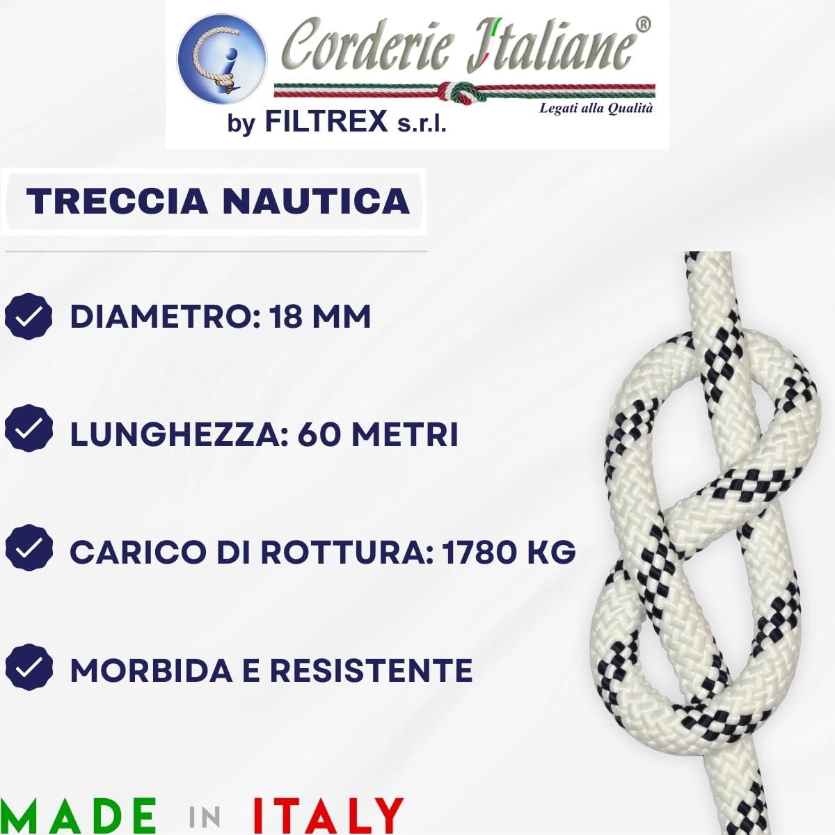 Corderie Italiane 001038948 Nautica warkocz 18MM-60MT, Biały z Niebieski