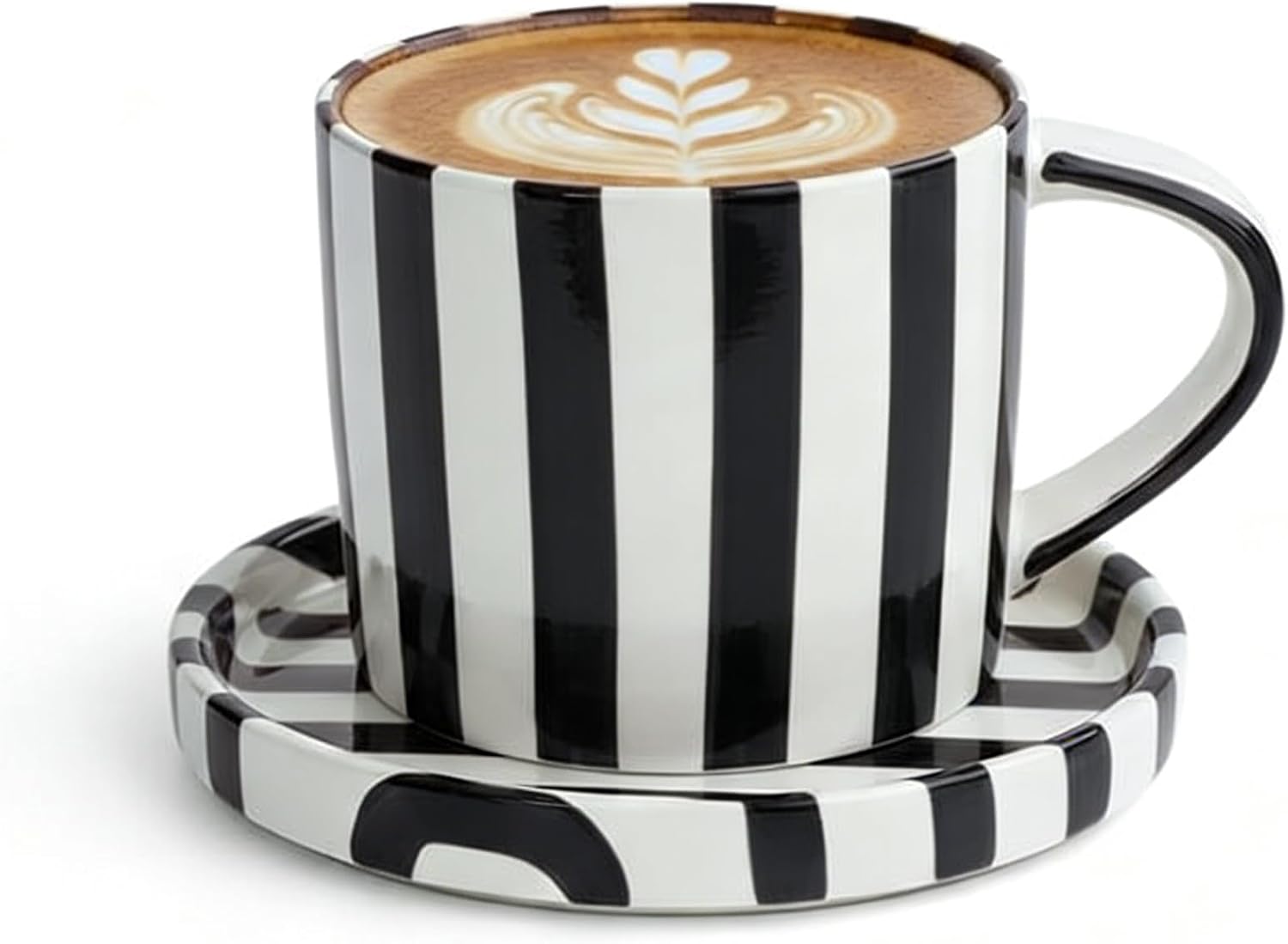 Festive Red and White Striped Ceramic Coffee Mug and Saucer Set, 200ml Latte & Tea Cup Gift for Holidays (Red)
