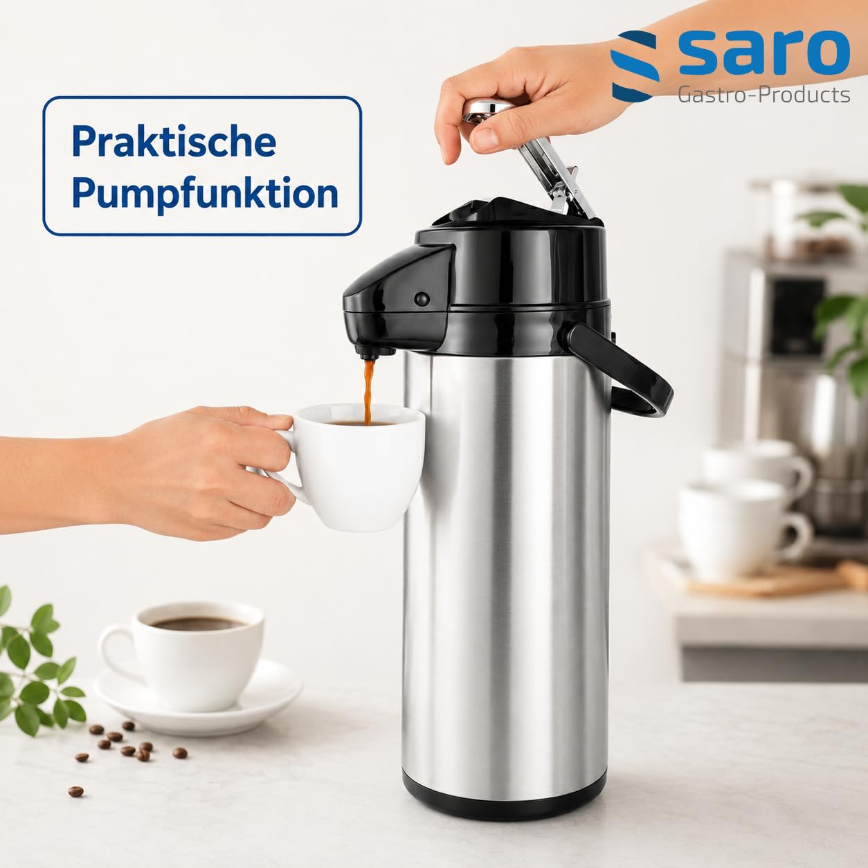 SARO Isolierpumpkanne aus Edelstahl für Gastronomie & Buffet – 2,2 L – Für heiße & kalte Getränke – Mit Pumpmechanik & Tragegriff - Innen & außen Edelstahl
