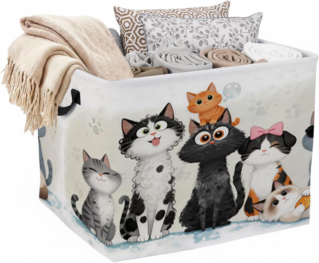 55L Cat Laundry Basket Clothes Hamper with Handles,Foldable Blanket Storage Large Laundry Hamper with Waterproof PE,Toy Storage Bin Organizer,Cube Clothes Organizer,Cat Home Decor