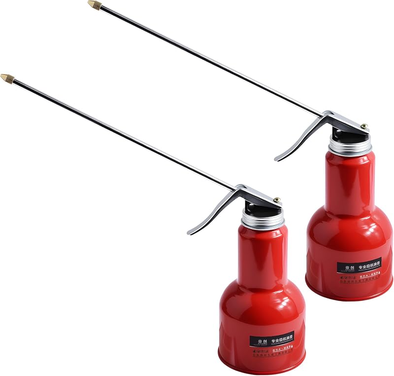 2 Pcs Pump Oiler Can, 500ml, Aluminum, Red | Pistol Pump Oiler with Straight Spout, High-Pressure Lubrication Oil Can for Home, Industrial & Auto Maintenance, 16.9oz
