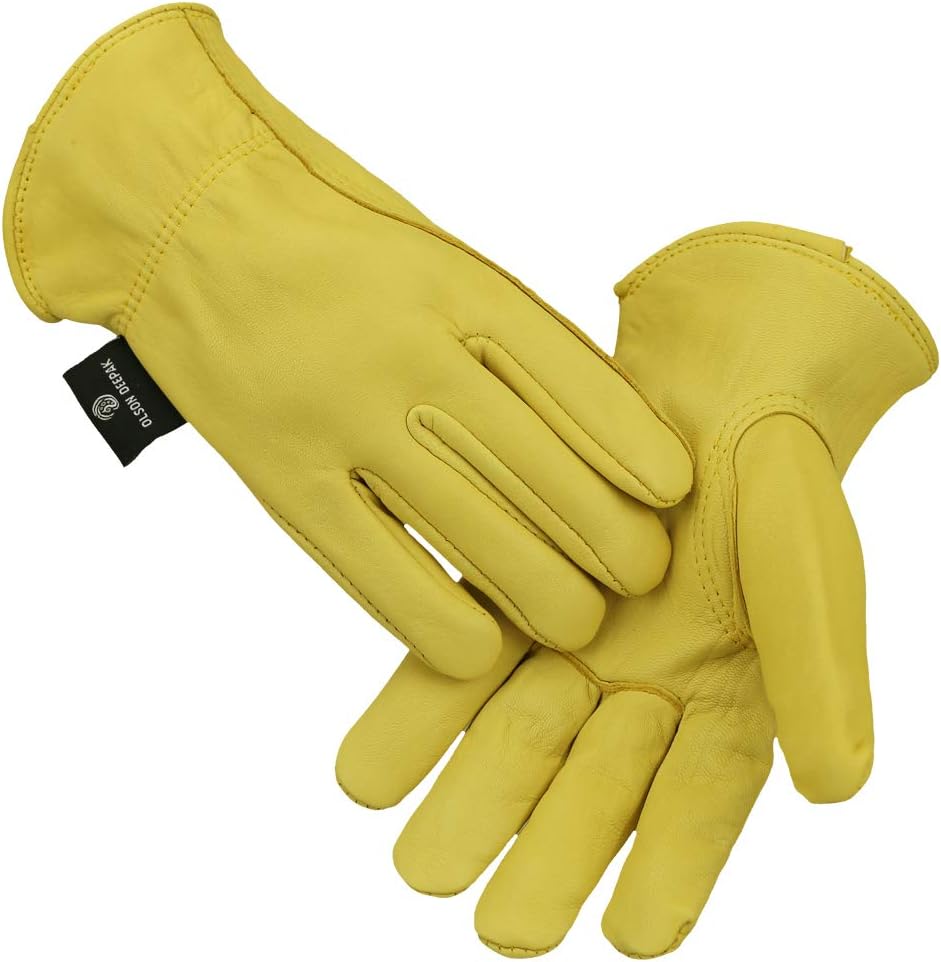 OLSON DEEPAK Leather Work Gloves For Men and Women,Durable Goatskin Gardening Leather Gloves,Thorn Proof Safety Working Gloves for Outdoor/Bushcraft/Welding/BBQ/Camping (Yellow, Medium)