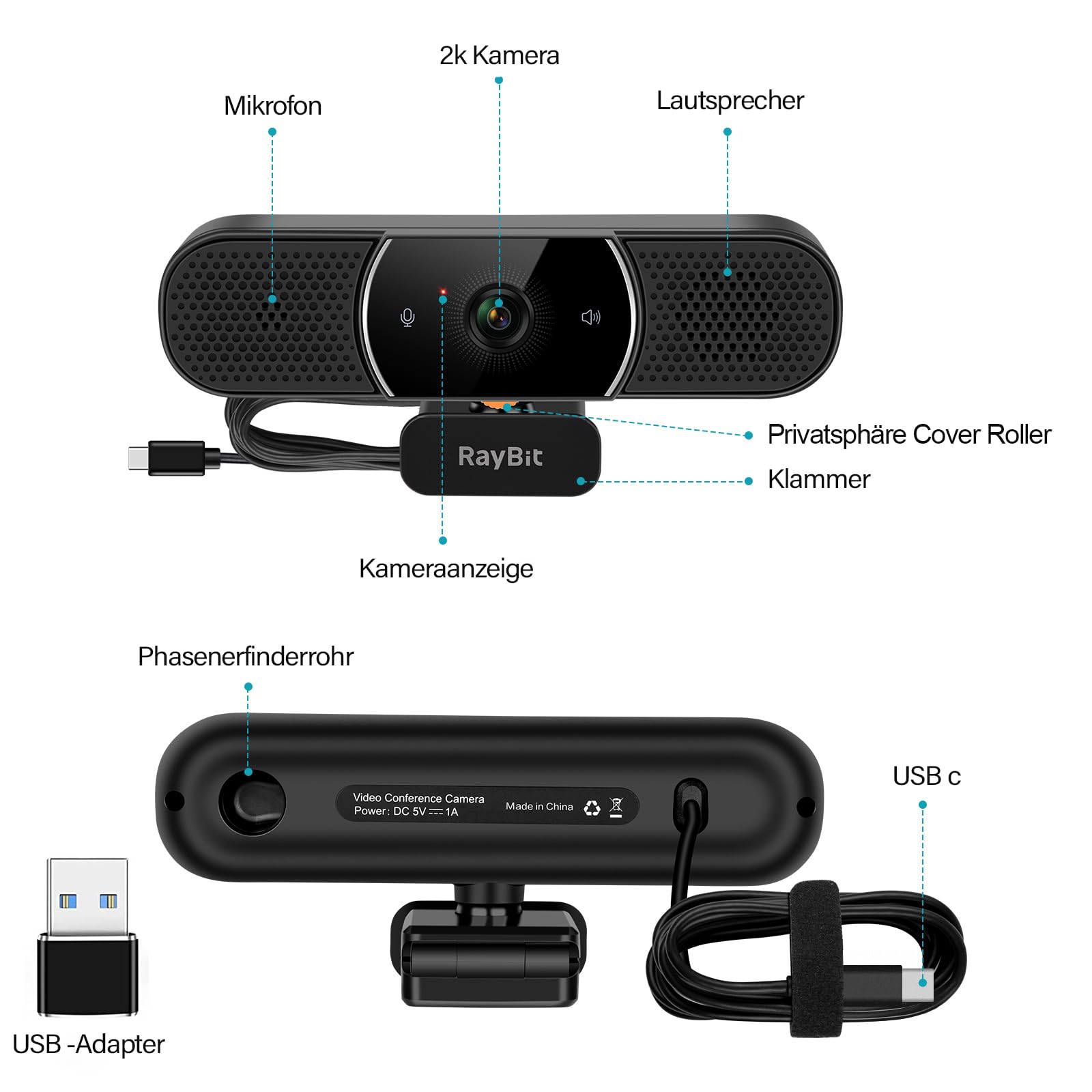 3-in-1 Webcam - 2K HD Webcam mit Mikrofon, Lautsprecher und Abdeckungen, Klarer Stereo-Sound & Belichtungskorrektur & Autofokus, USB Web Kamera für Desktop Computer/PC/Laptop/Zoom/Skype/Teams