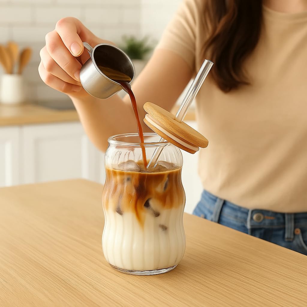 Kahve Bardağı Isıya Dayanıklı Ice Latte Bardak Kahve Kokteyl Cam Sunum Bardağı Meşrubat Kapaklı Bardak 400ml (tek, adet, 1)
