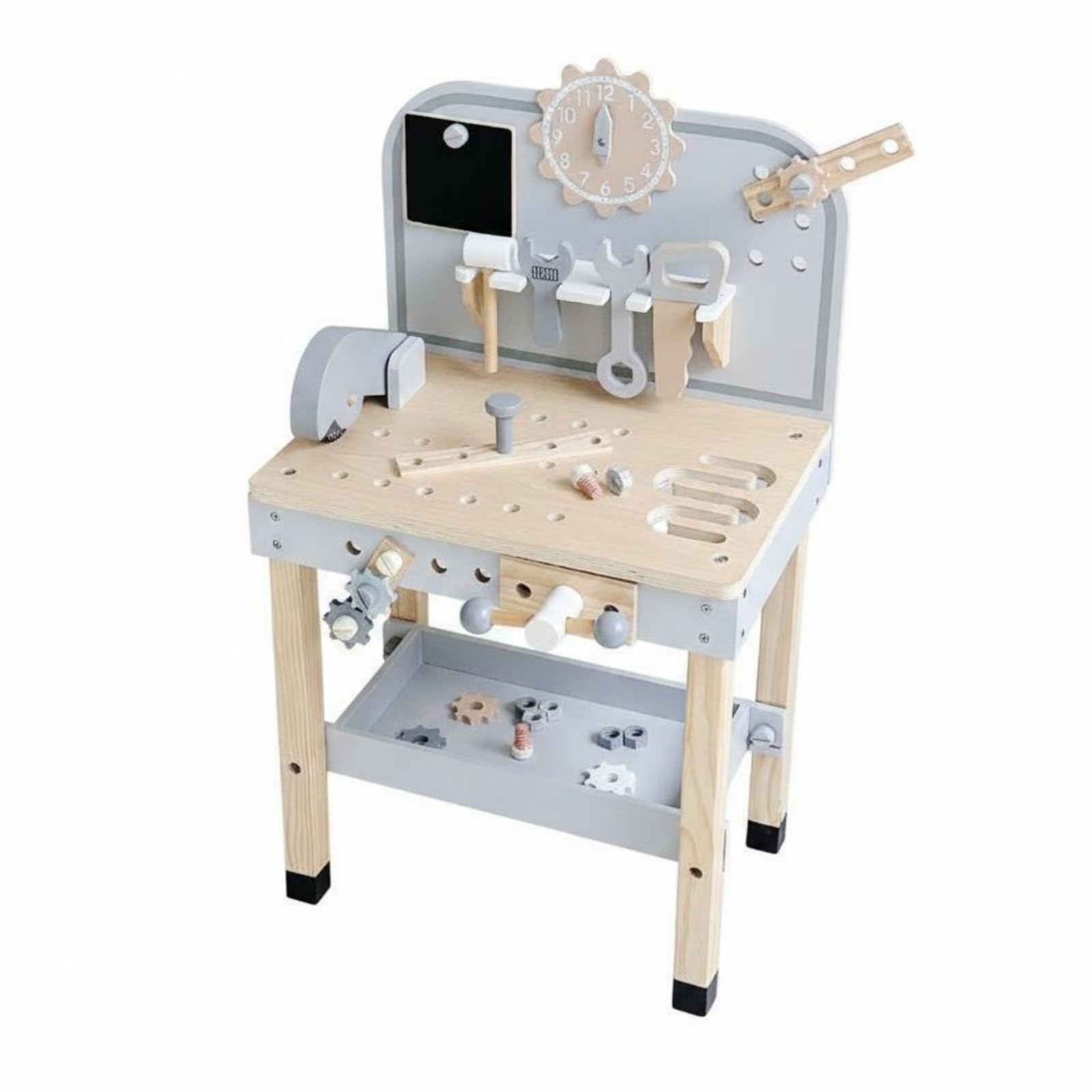 Gralara Kinder-Werkbank Aus Holz Realistisches Spielzeug Kinderwerkbank Lernspielzeug, Kompakte Werkbank In Grau Mit Holzdetails