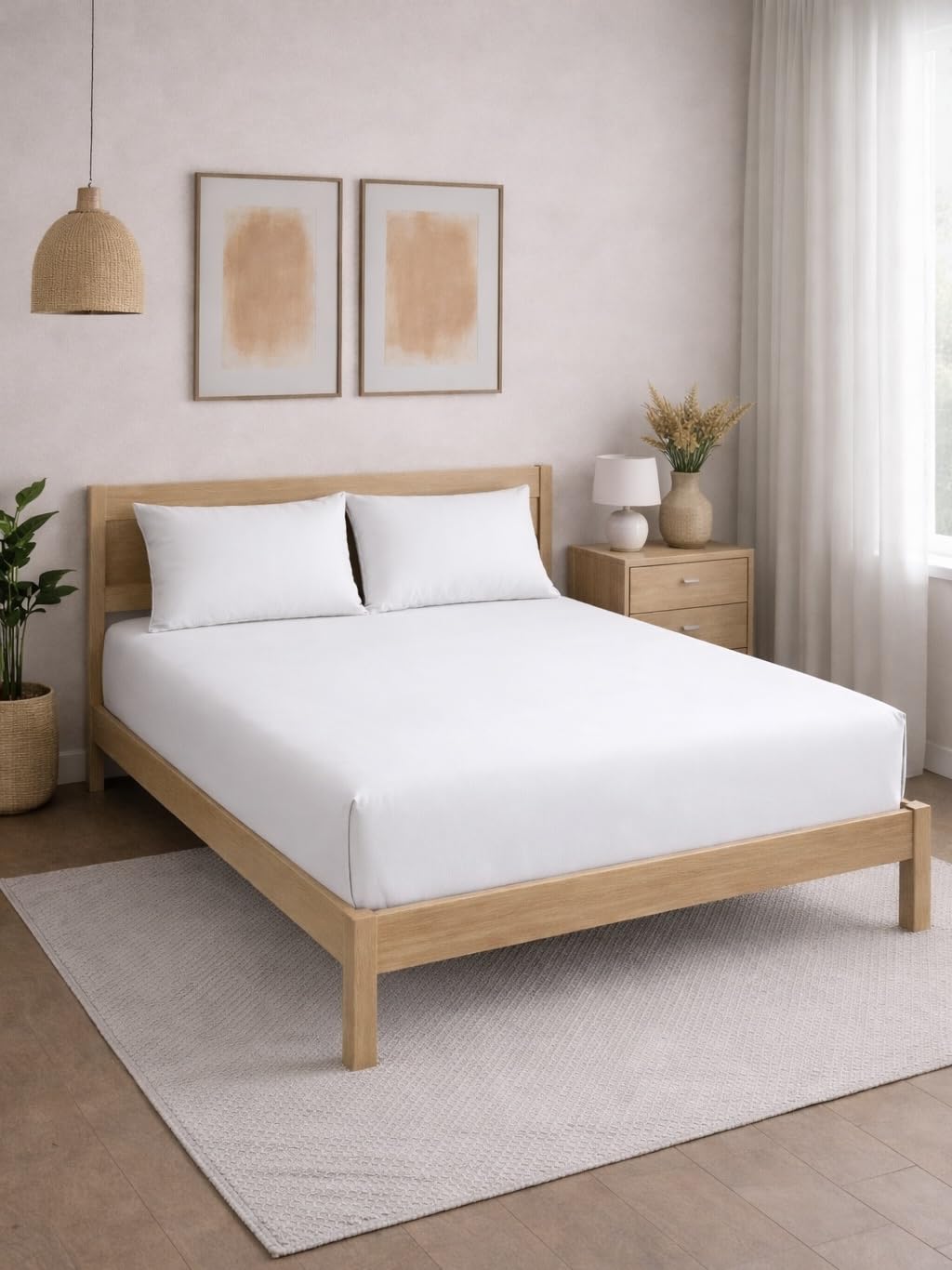 THE HOME STYLE Solid Plain Cotton Feel Fitted Bedsheet (72x78 inches) with PureCloud White Comforter (90x100 inches) | King Size | 2 Pillow Covers | 300 TC | 4-Piece Bedding Set (PureCloud White)