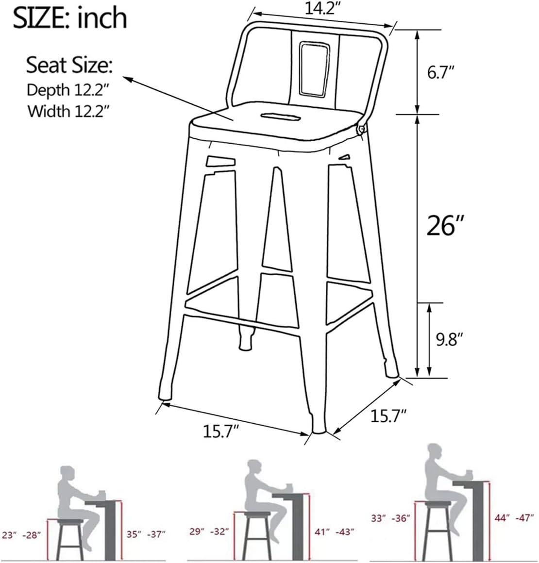 White 26" Industrial Metal Counter Height Bar Stools with Backs, Set of 4
