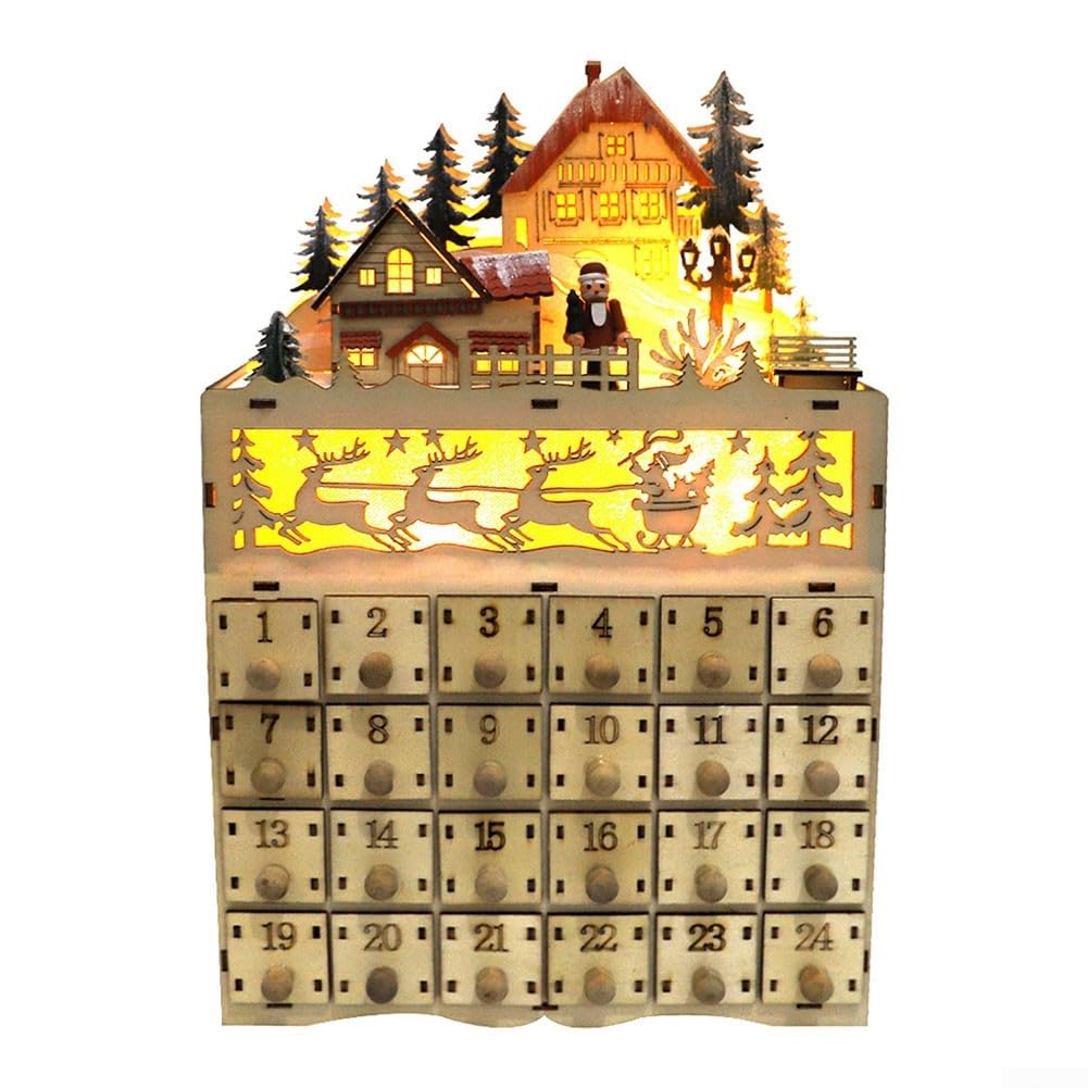 Calendario de Adviento de Navidad de 24 cajones, con luces LED, decoración tradicional de madera, para niños, decoración navideña