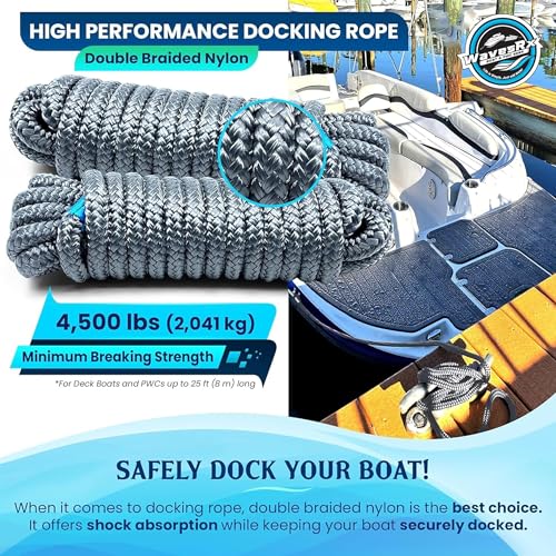 Image of Premium Nylon Boat Dock Lines & Ropes for Docking 3 /8'' x 15' | Double Braided Marine Rope & Mooring Line| Boat Ropes for Docking with Loop | UV & Saltwater Resistant Dock Ropes for Boats & Pontoons